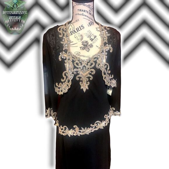 VINTAGE J’Kara 1990’s Beaded Chiffon Special Occasion Glam Gown & Jacket, Size 6 - Picture 3 of 9